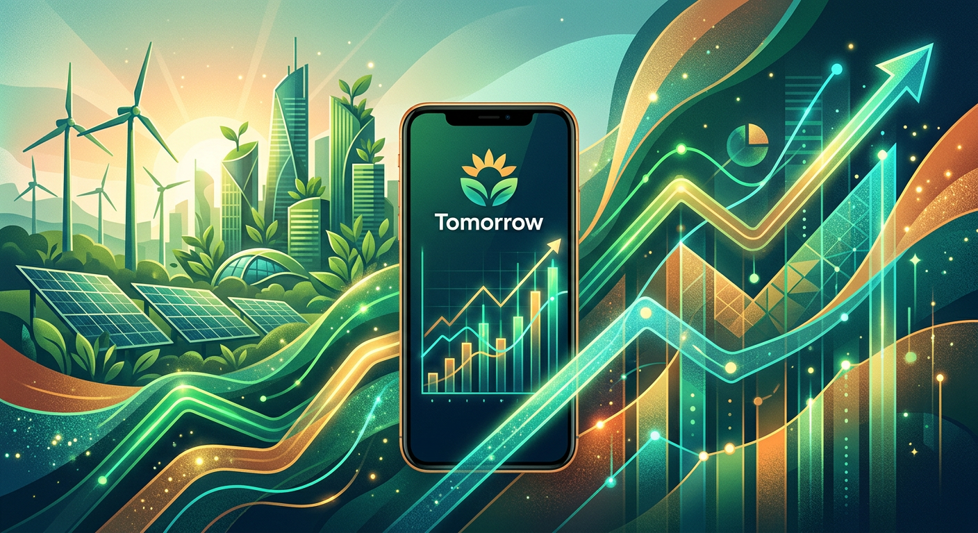 Grafische Darstellung des Wachstums eines nachhaltigen Investmentfonds, mit einer Smartphone-App von Tomorrow im Vordergrund.