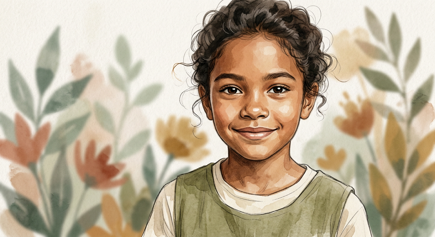 Close-up of a smiling young Latin American person with naturally healthy, glowing skin against a soft, unfocused background.