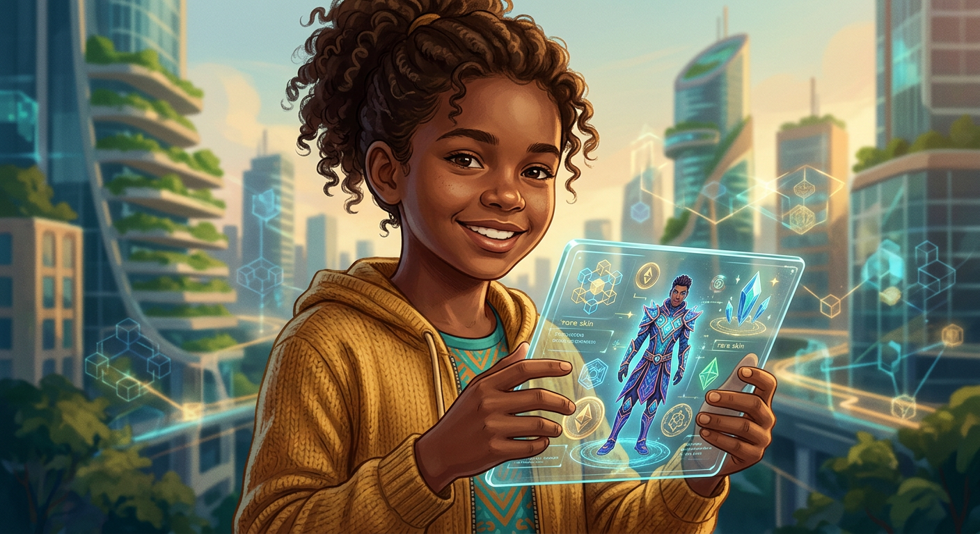 Brazilian Gen Alpha child holding a tablet showing glowing digital game assets.