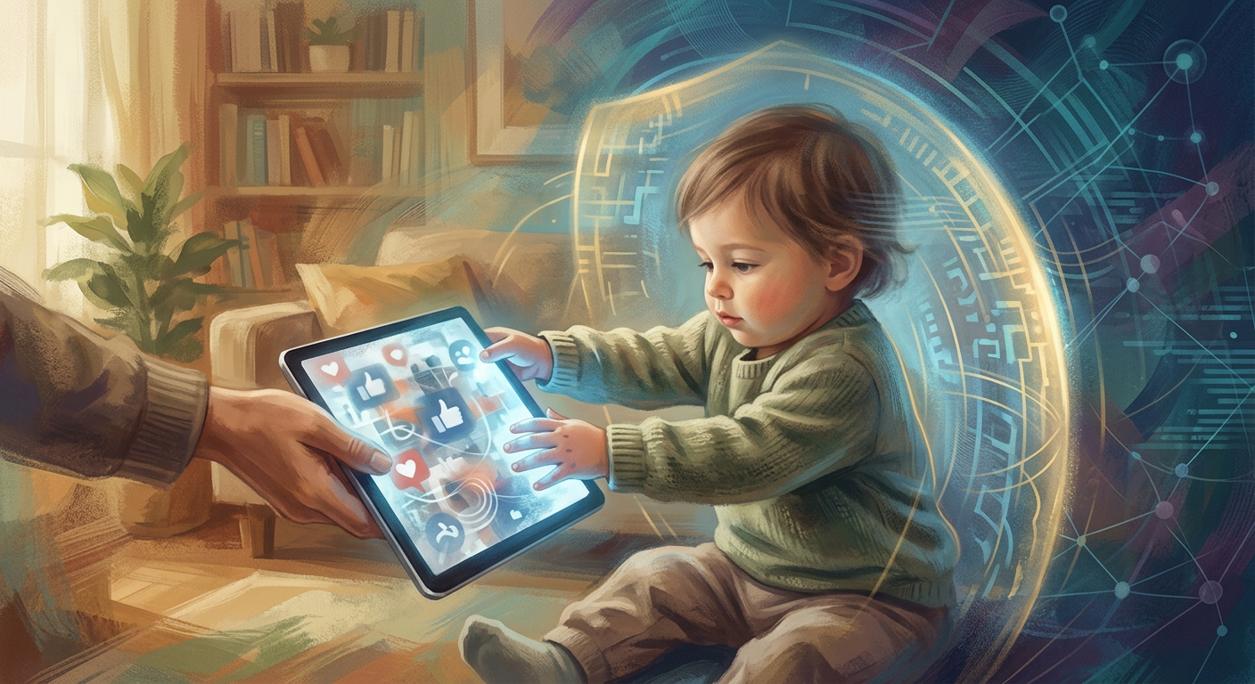 Child gently reclaiming their image from a parent's digital frame, symbolizing digital privacy.