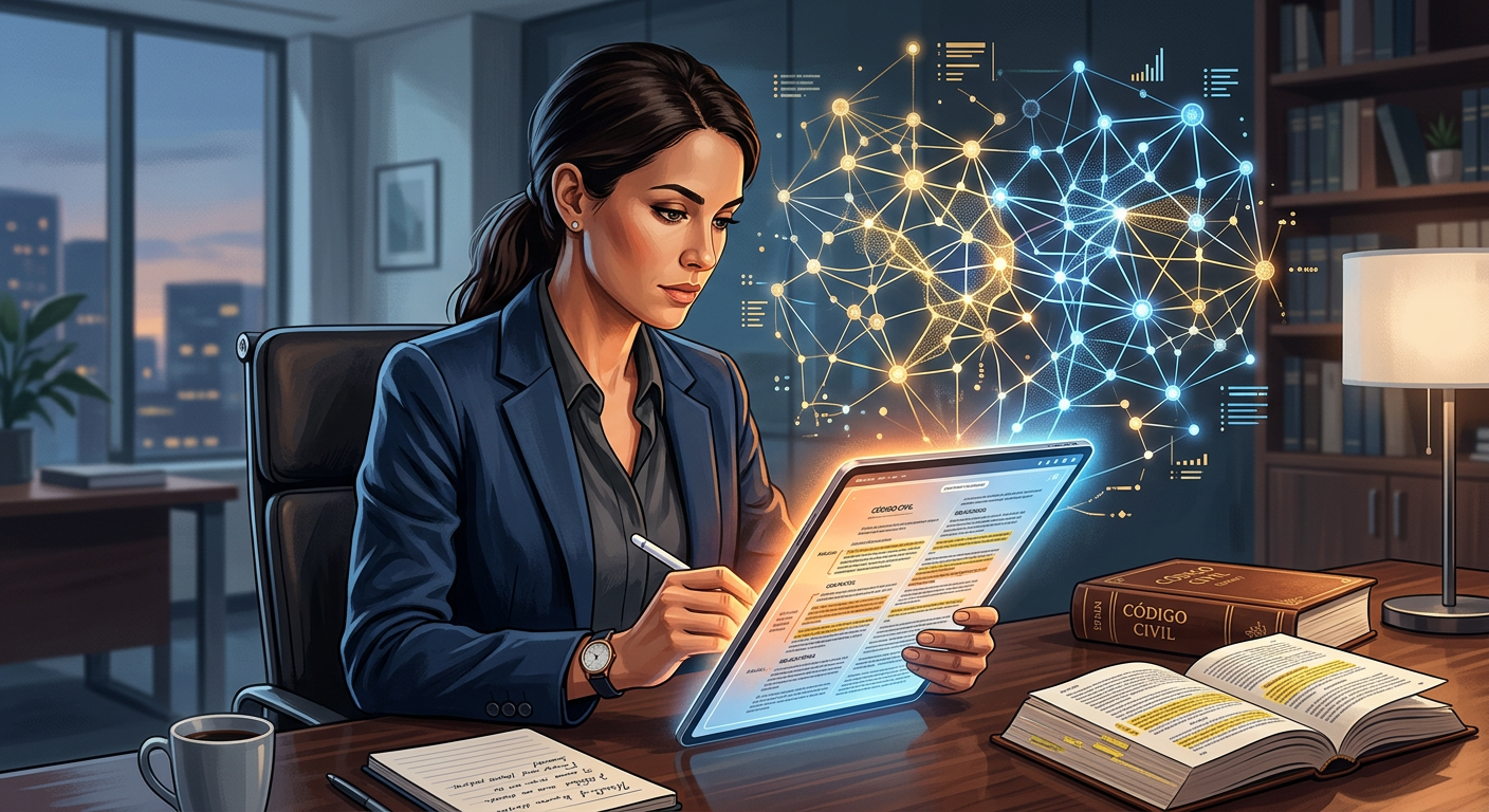 Paralegal revisando documentos legales con tablet y un Código Civil español digital, mostrando la interacción humana y de IA.